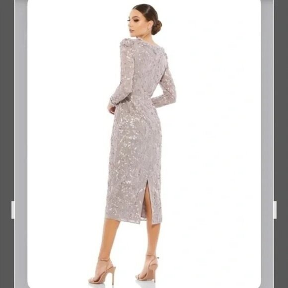 MAC DUGGAL 93595 Ruffle Neck Long Sleeve Sequin Midi Fitted Dress Mauve Size 14 - Picture 3 of 8